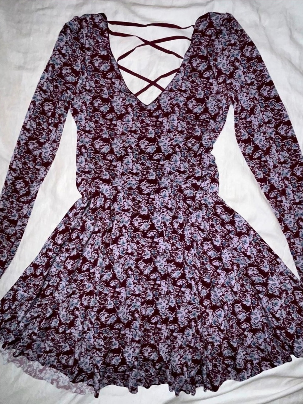 Urban Kimchi Blue Burgundy Skate-Shift dress Crisscross Back Long-Sleeve Dress